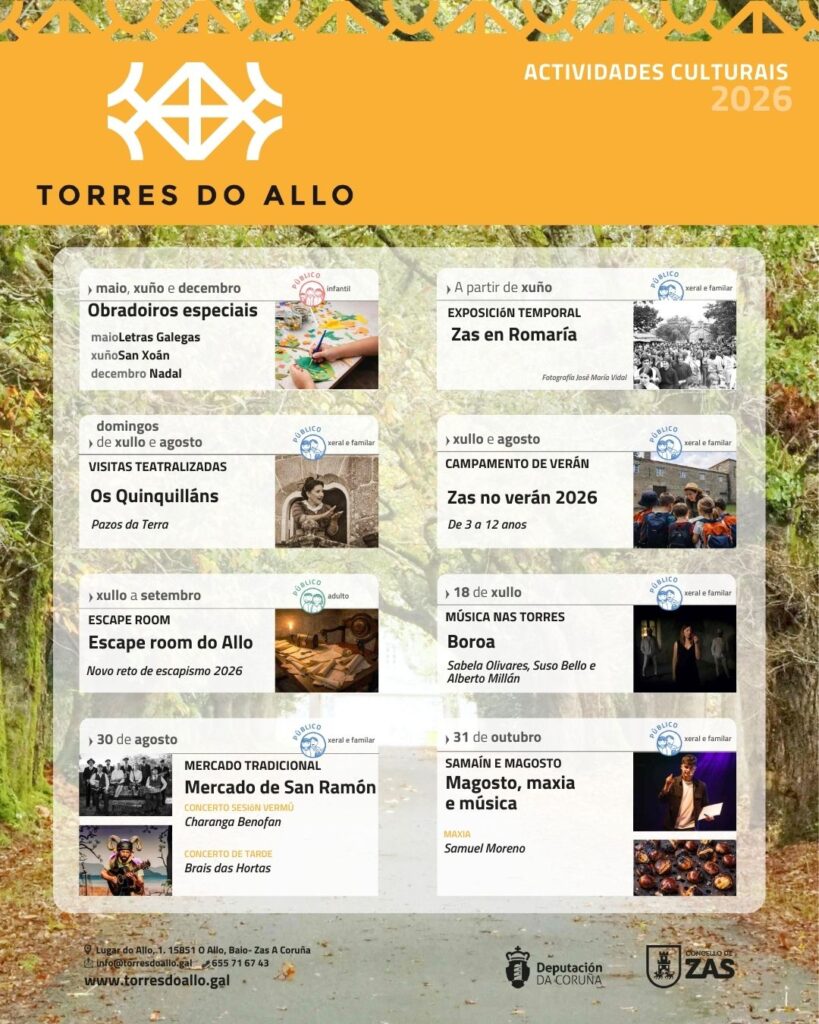 CARTEL RRSS ZAS O Concello de Zas presenta a programación cultural 2026 das Torres do Allo
