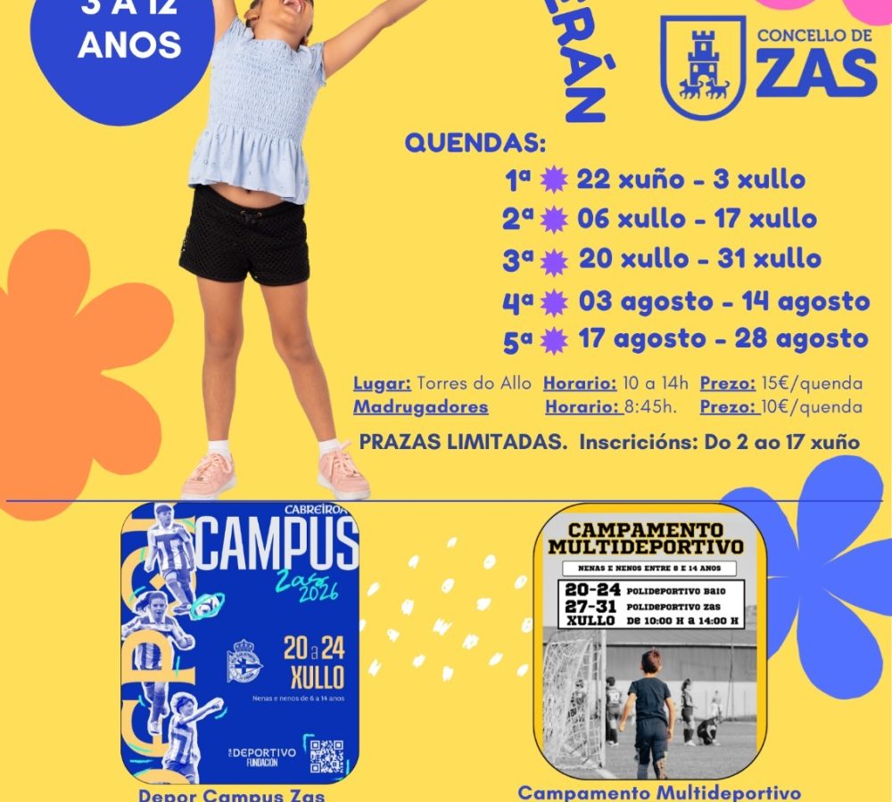 CARTEL ZAS O Concello de Zas reforza a súa aposta pola conciliación e o lecer infantil cun amplo programa de actividades para este verán